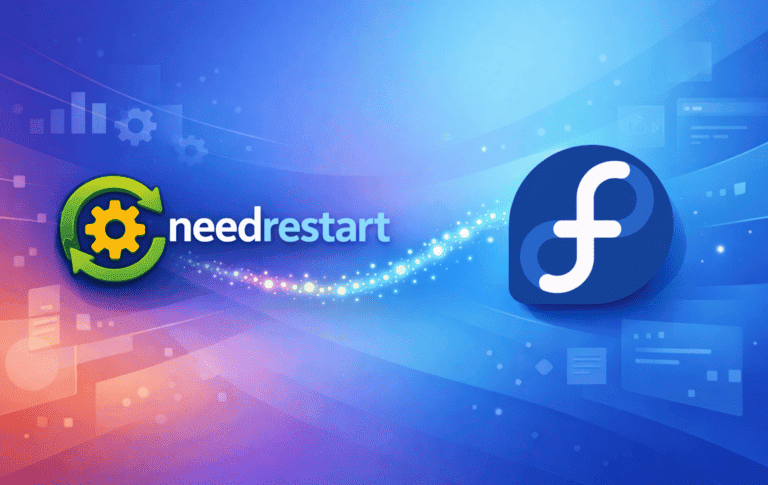 Needrestart logo with gear and refresh arrows alongside the Fedora logo on a blue technology background.
