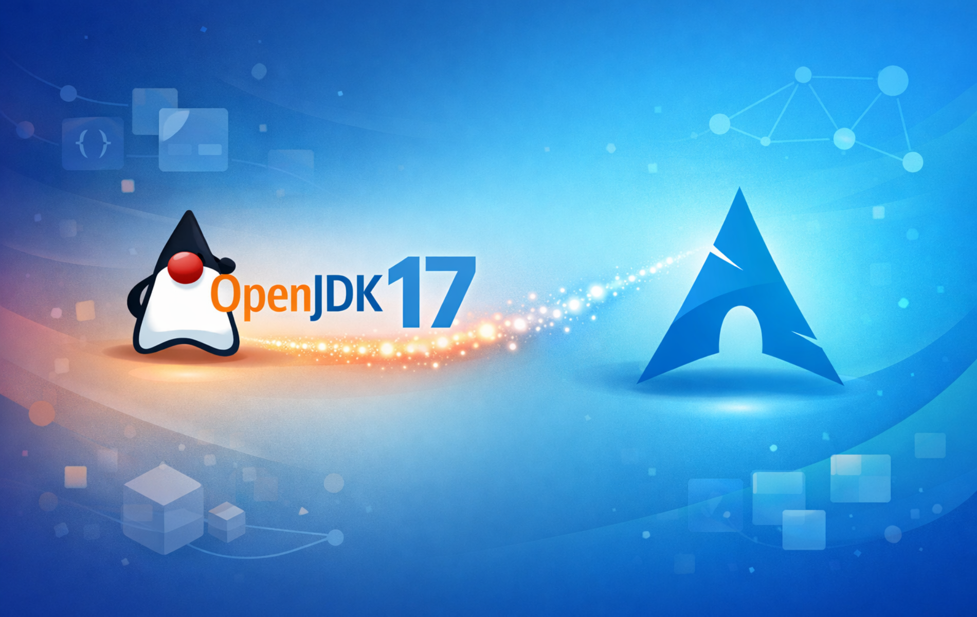 OpenJDK 17 Duke mascot logo connected to Arch Linux logo with glowing particle trail on blue background