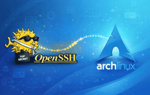 OpenSSH logo and Arch Linux logo on a blue background symbolizing secure remote access