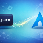 Paru terminal window logo connected to Arch Linux logo through a particle effect trail on blue background