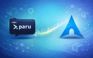 Paru terminal window logo connected to Arch Linux logo through a particle effect trail on blue background