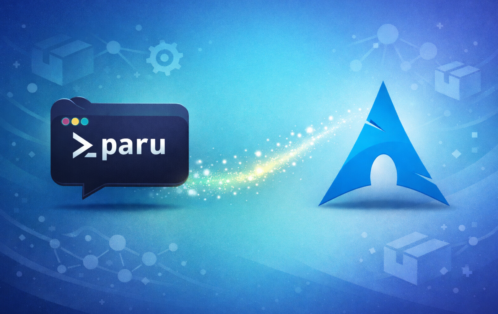 Paru terminal window logo connected to Arch Linux logo through a particle effect trail on blue background