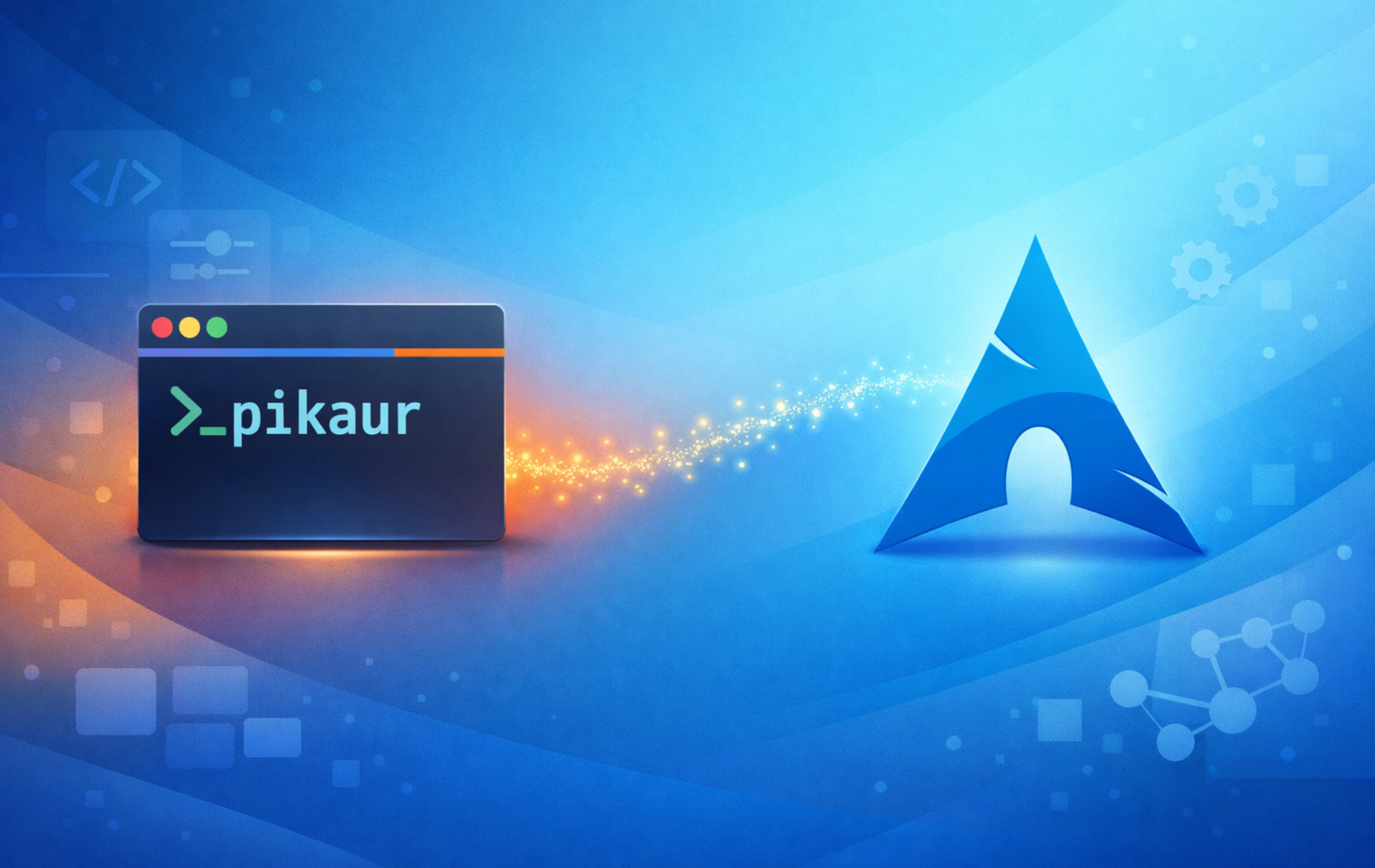 Terminal window displaying Pikaur command prompt alongside the Arch Linux logo on a blue tech background