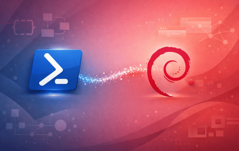 PowerShell logo and Debian logo with abstract connection graphic