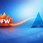 UFW firewall logo with orange flames connecting to the Arch Linux triangle symbol on a blue tech background