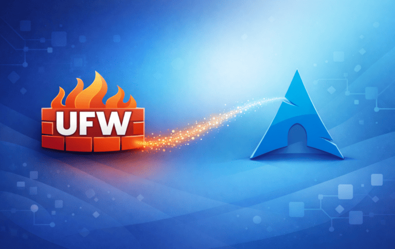 UFW firewall logo with orange flames connecting to the Arch Linux triangle symbol on a blue tech background