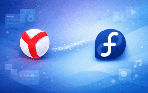 Yandex Browser and Fedora logos on a blue background with subtle technology icons