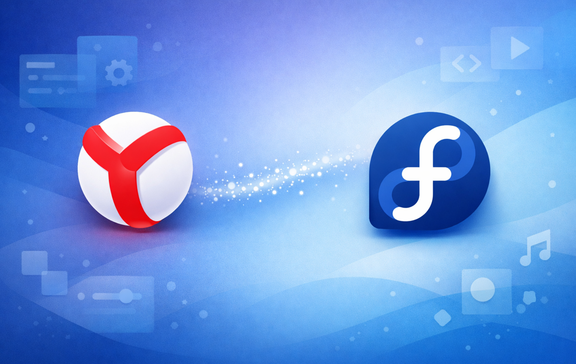 Yandex Browser and Fedora logos on a blue background with subtle technology icons