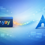 Terminal window displaying yay AUR helper connected to Arch Linux logo by colorful particle stream