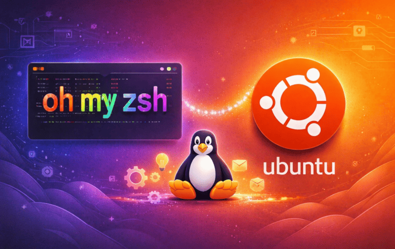 Terminal window showing Zsh shell with Oh My Zsh theme and Ubuntu logo