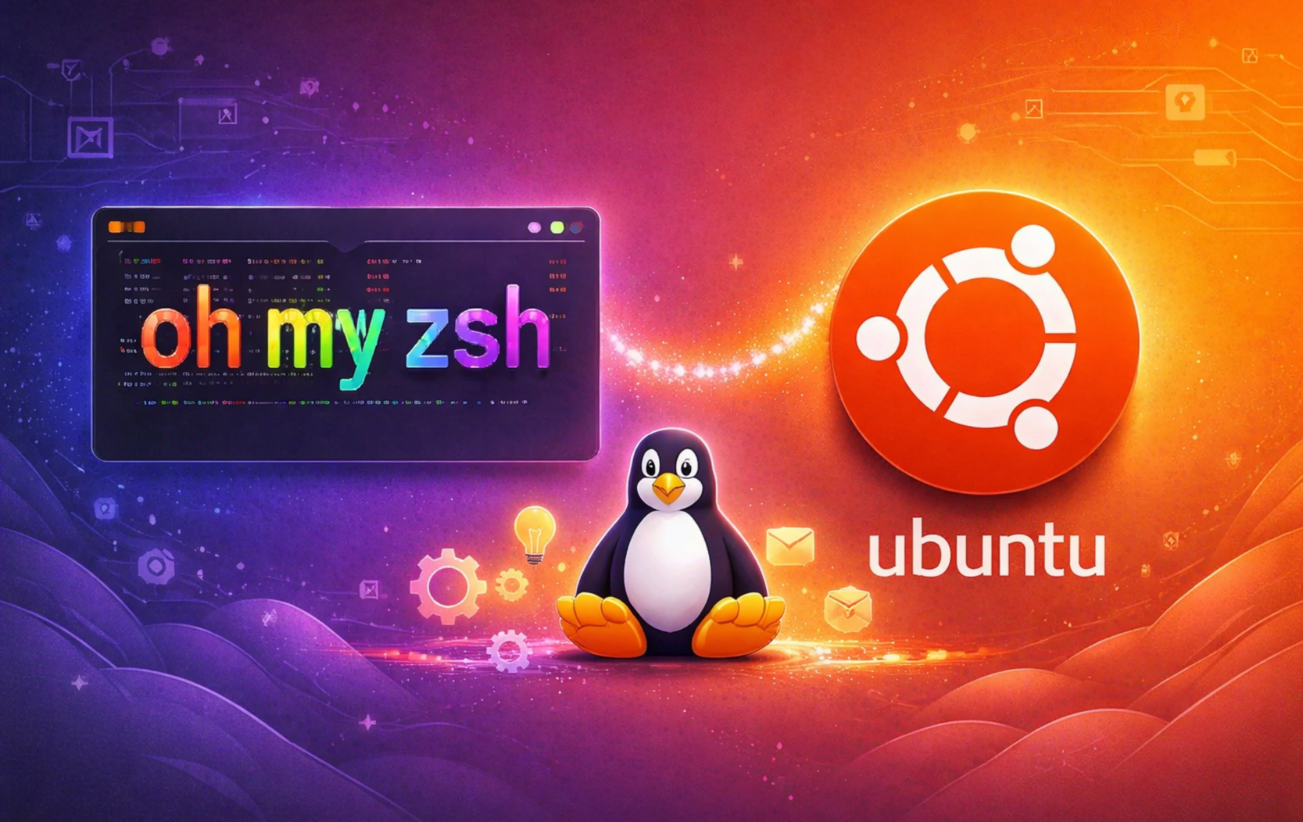 Terminal window showing Zsh shell with Oh My Zsh theme and Ubuntu logo