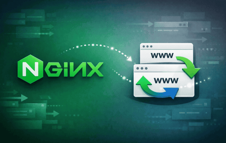 Nginx logo with browser windows showing www redirect arrows between domains