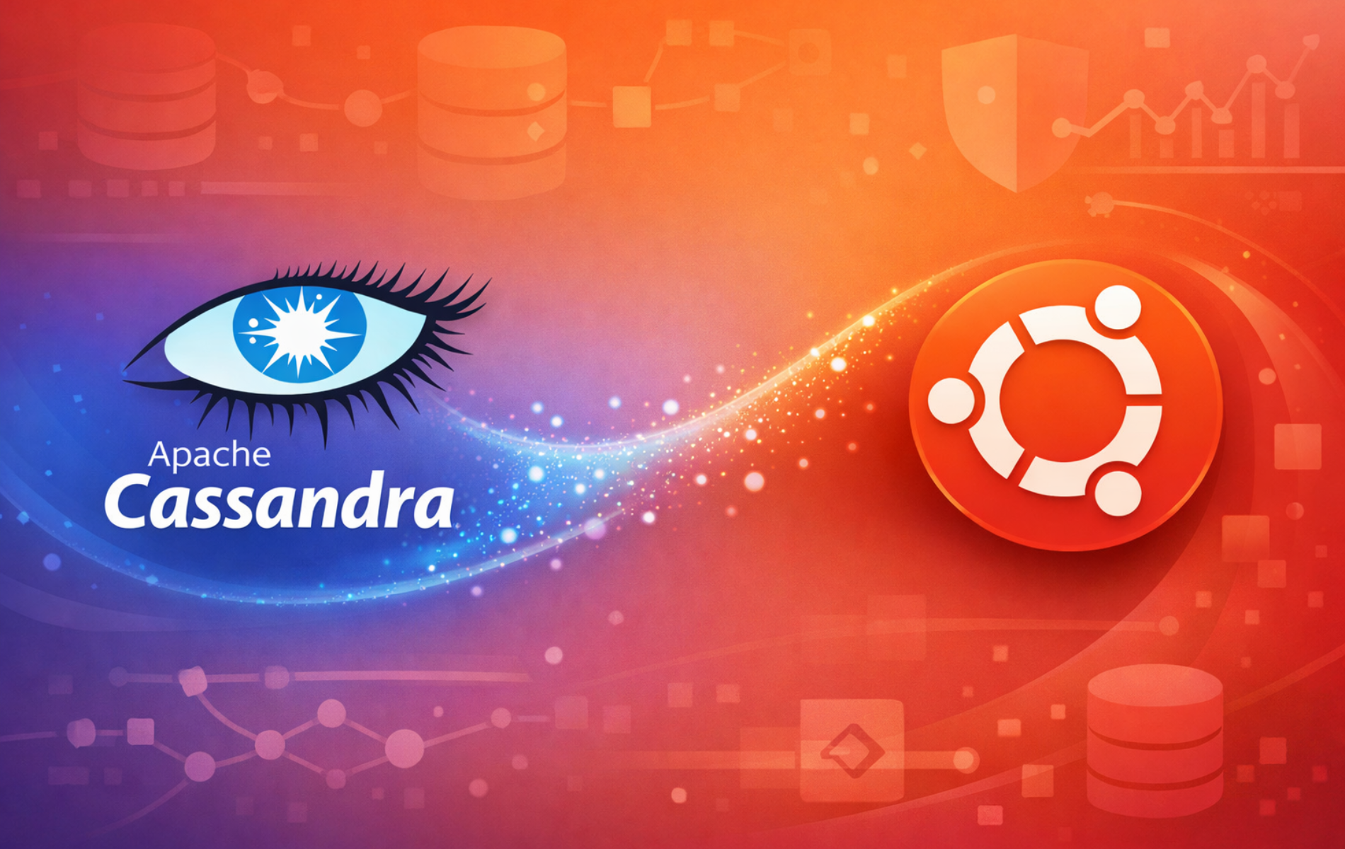 Apache Cassandra logo with Ubuntu logo on database network background