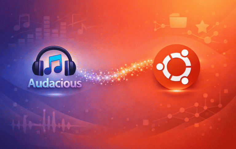Audacious audio player logo with headphones beside the Ubuntu logo on a colorful gradient background