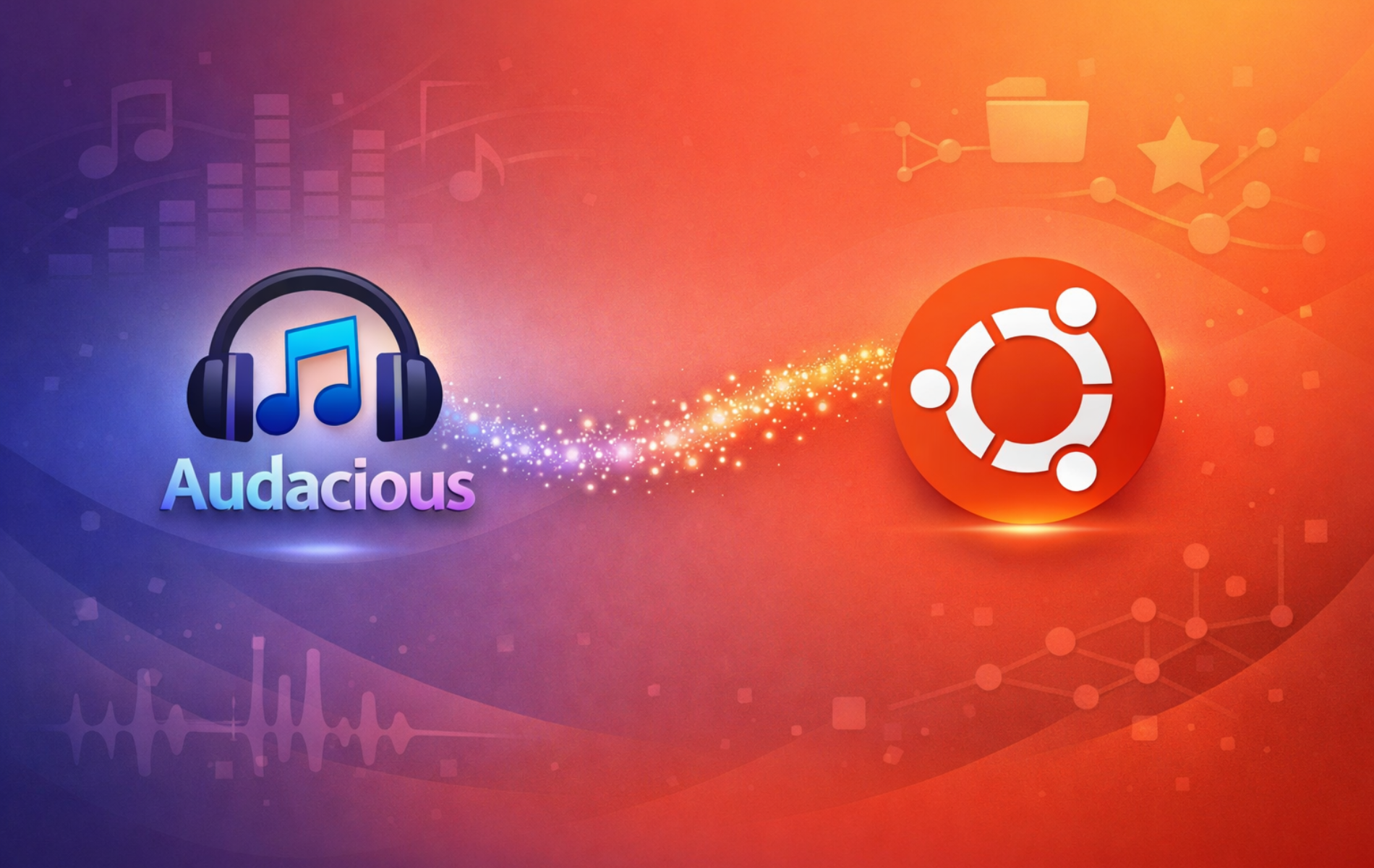 Audacious audio player logo with headphones beside the Ubuntu logo on a colorful gradient background