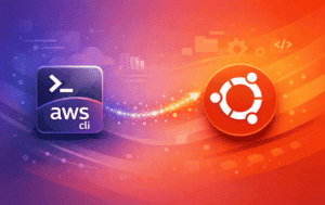 AWS CLI logo and Ubuntu logo connected by a gradient sparkle effect on a purple to orange background