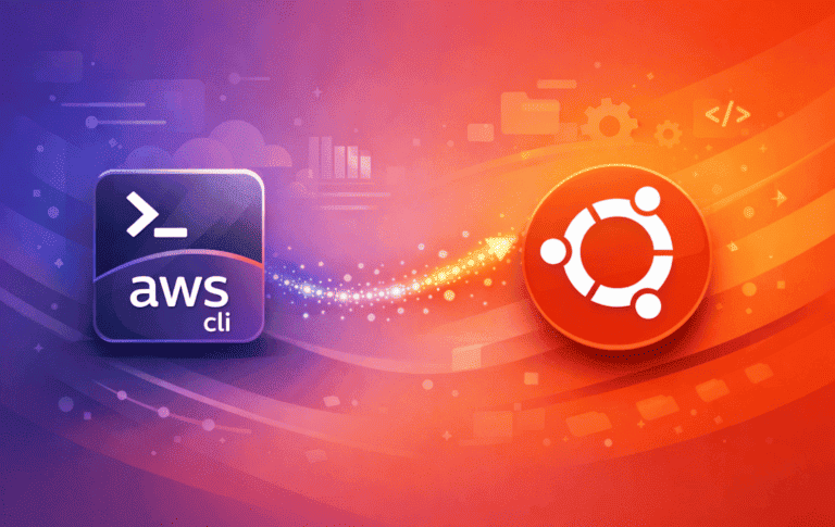 AWS CLI logo and Ubuntu logo connected by a gradient sparkle effect on a purple to orange background