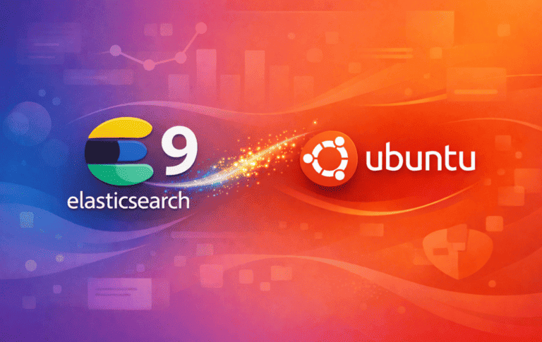 Elasticsearch 9 and Ubuntu logos on abstract gradient background