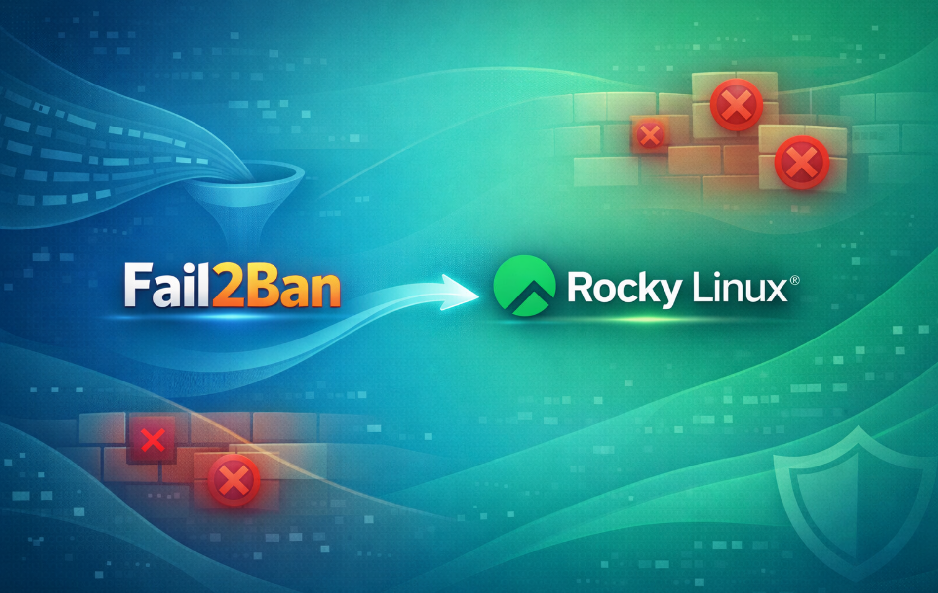 Fail2Ban logo with arrow pointing to Rocky Linux logo, surrounded by blocked firewall elements