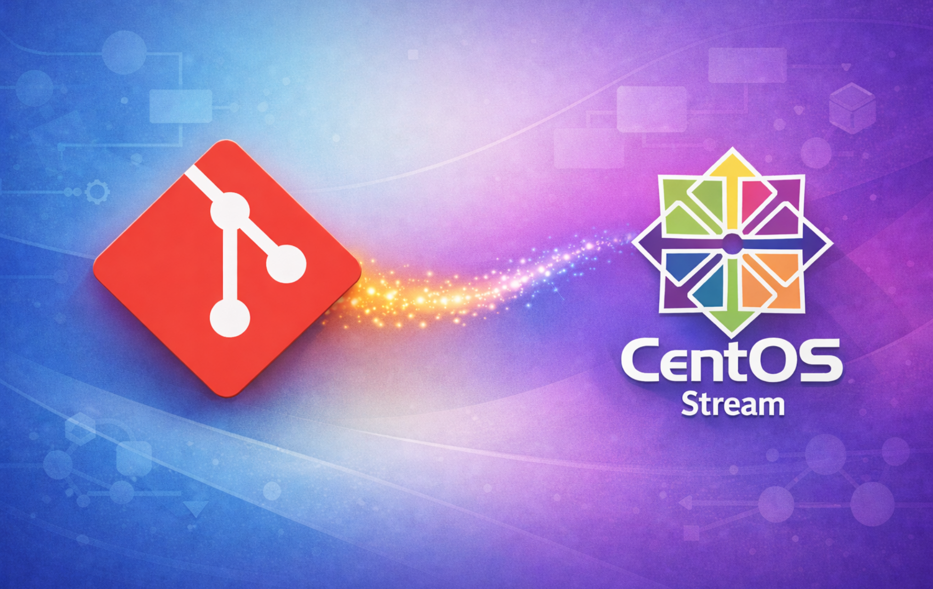 Git version control logo alongside the CentOS Stream logo on a blue gradient background
