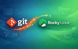 Git logo with arrow pointing to Rocky Linux logo on blue-green gradient background