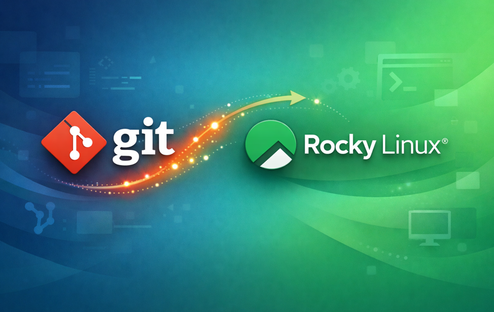 Git logo with arrow pointing to Rocky Linux logo on blue-green gradient background