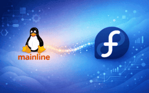 Tux penguin with mainline text beside Fedora logo on blue technology background
