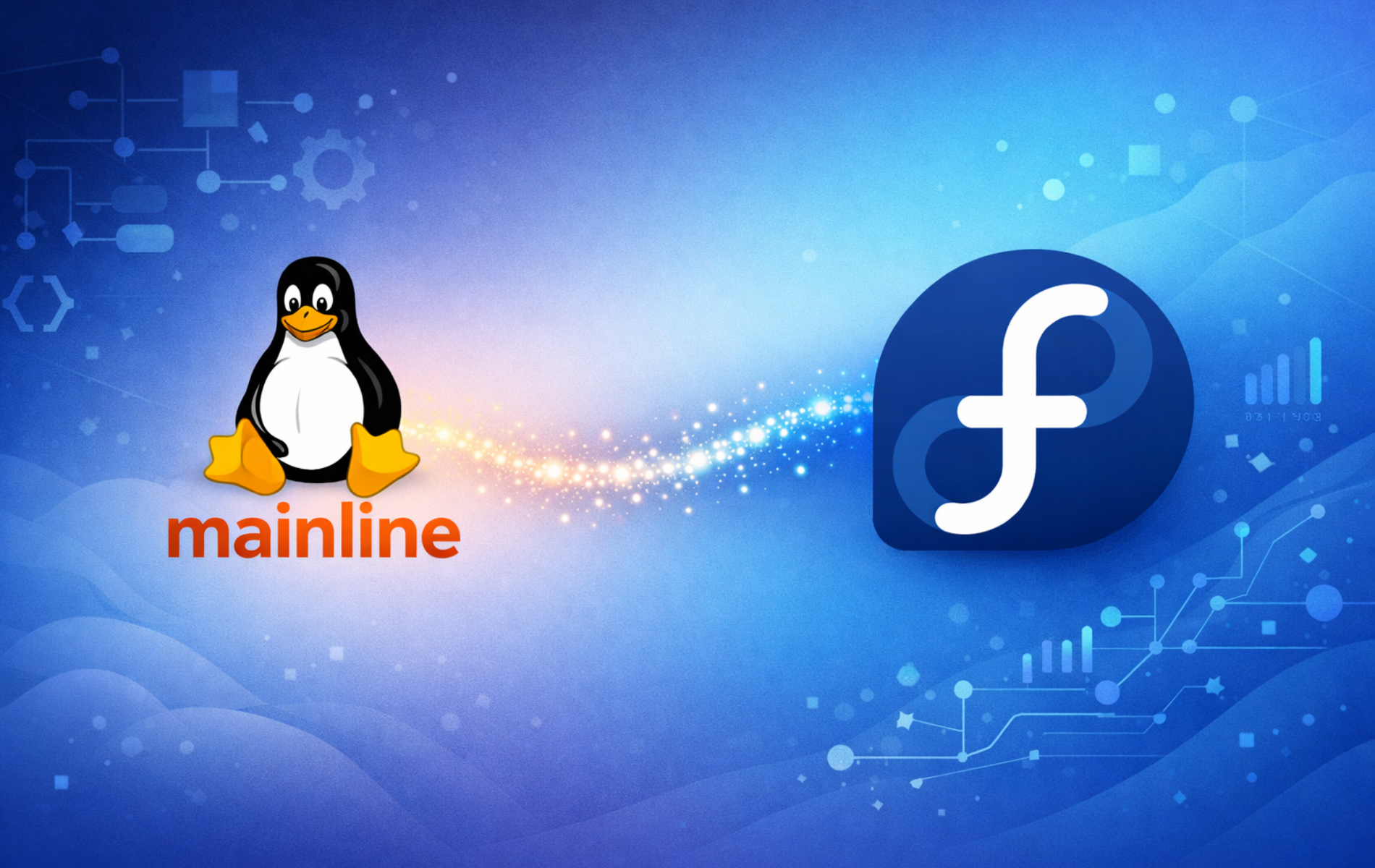 Tux penguin with mainline text beside Fedora logo on blue technology background