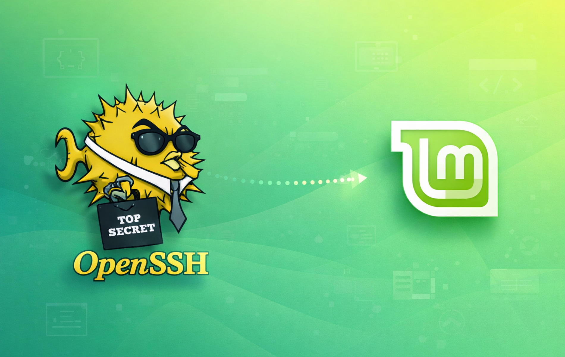 OpenSSH Puffy mascot with Top Secret briefcase connecting to Linux Mint logo