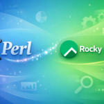 Perl camel logo and Rocky Linux logo on blue-green gradient background with programming icons