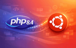 PHP 8.4 and Ubuntu logos on a gradient background with code elements