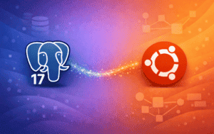 PostgreSQL 17 elephant logo next to Ubuntu circular logo on gradient purple-orange background