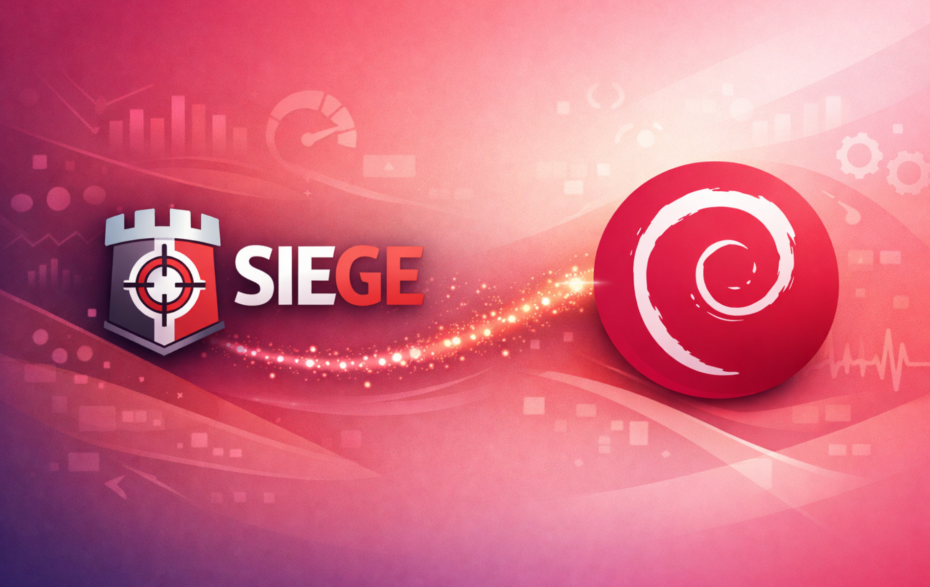 Siege logo and Debian logo on a performance-themed gradient background