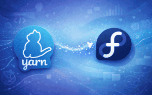 Yarn package manager logo alongside Fedora Linux logo on a blue developer-themed background