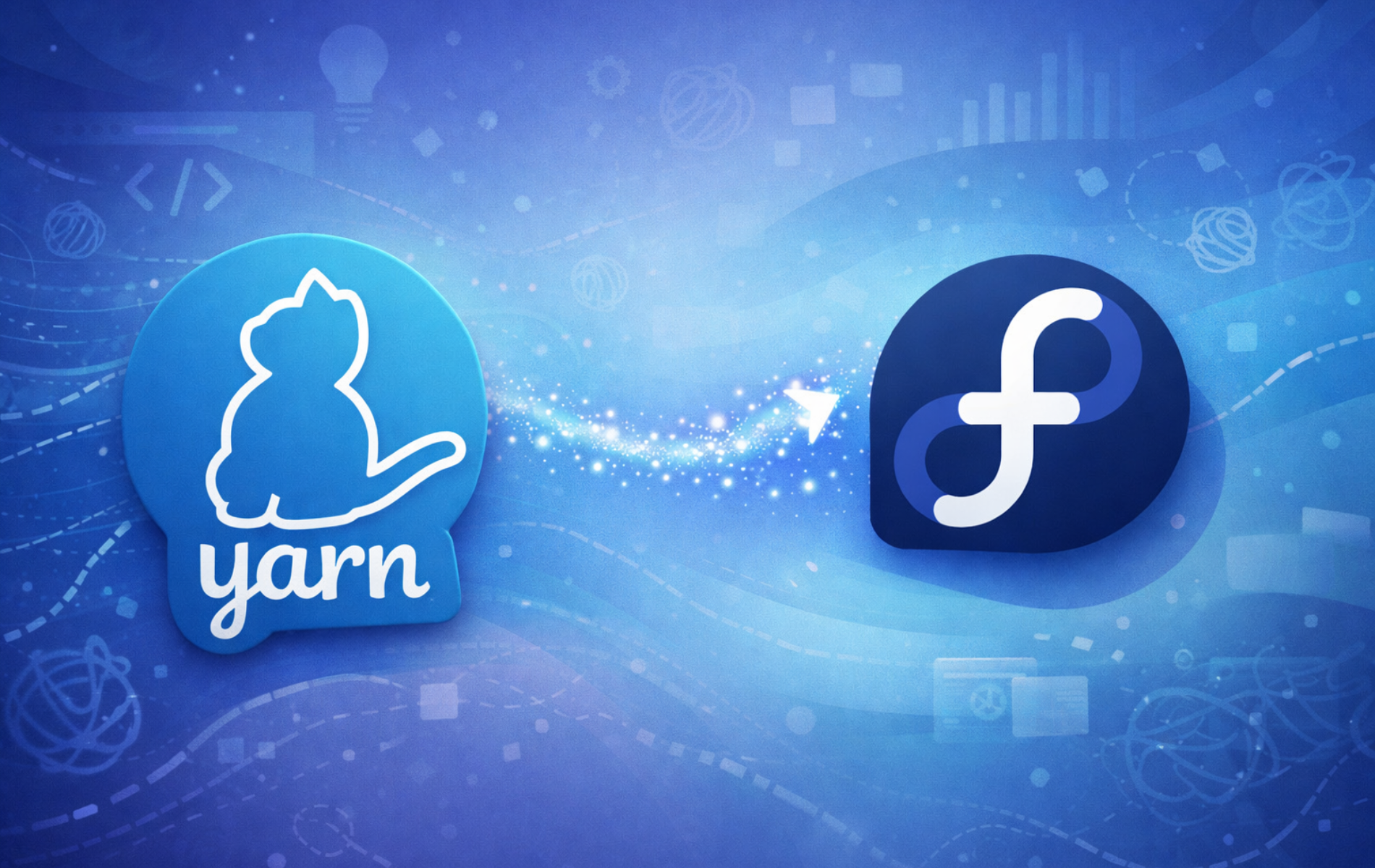 Yarn package manager logo alongside Fedora Linux logo on a blue developer-themed background