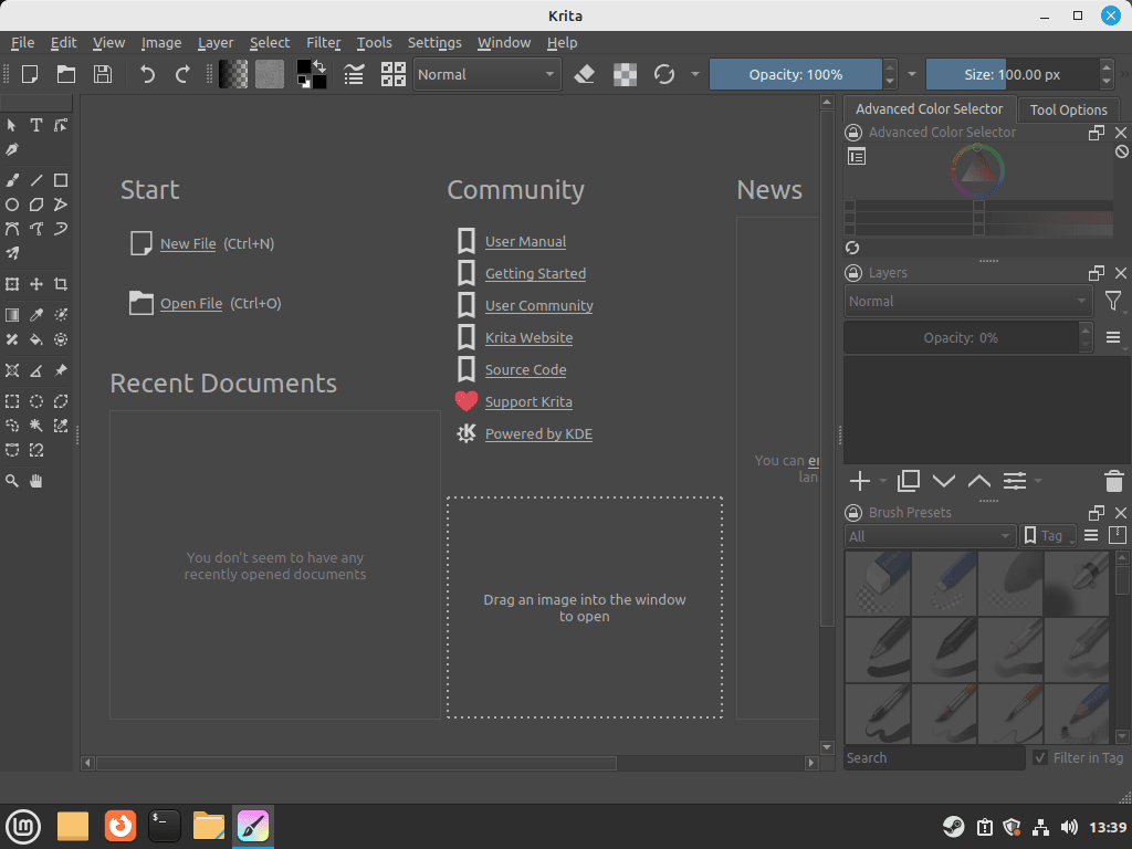 Krita welcome screen on Linux Mint showing Start panel, brush presets, and layer controls