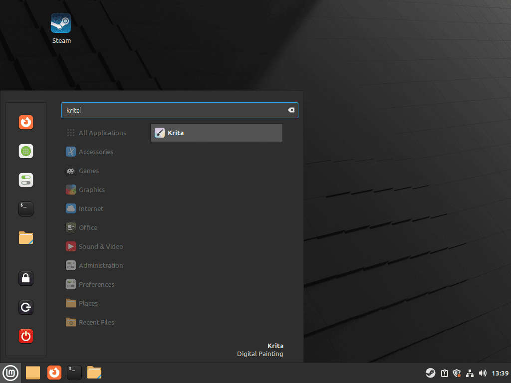 Krita application appearing in Linux Mint Cinnamon menu search results under the Graphics category