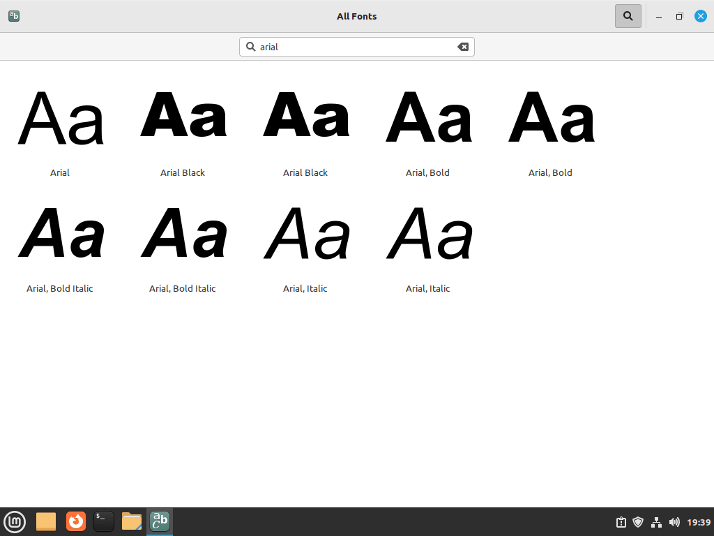 Arial font family displayed in Linux Mint Fonts application showing regular, bold, italic, and black variants.