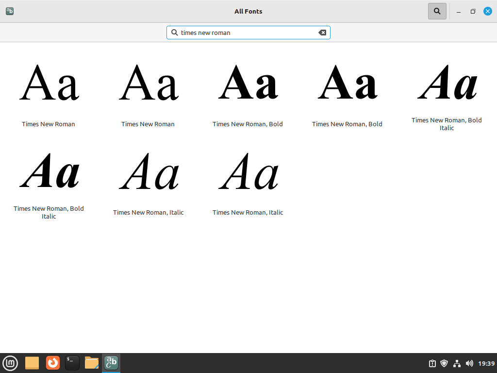 Times New Roman font family displayed in Linux Mint Fonts application showing regular, bold, and italic variants.