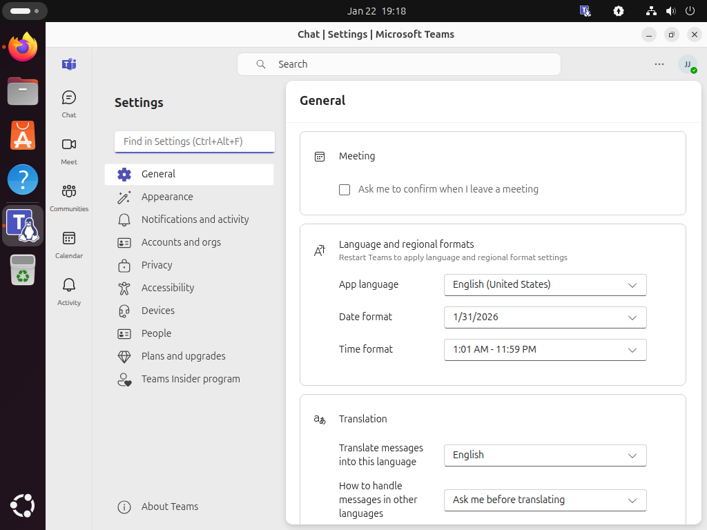 Teams for Linux application window showing Settings and General options on Ubuntu