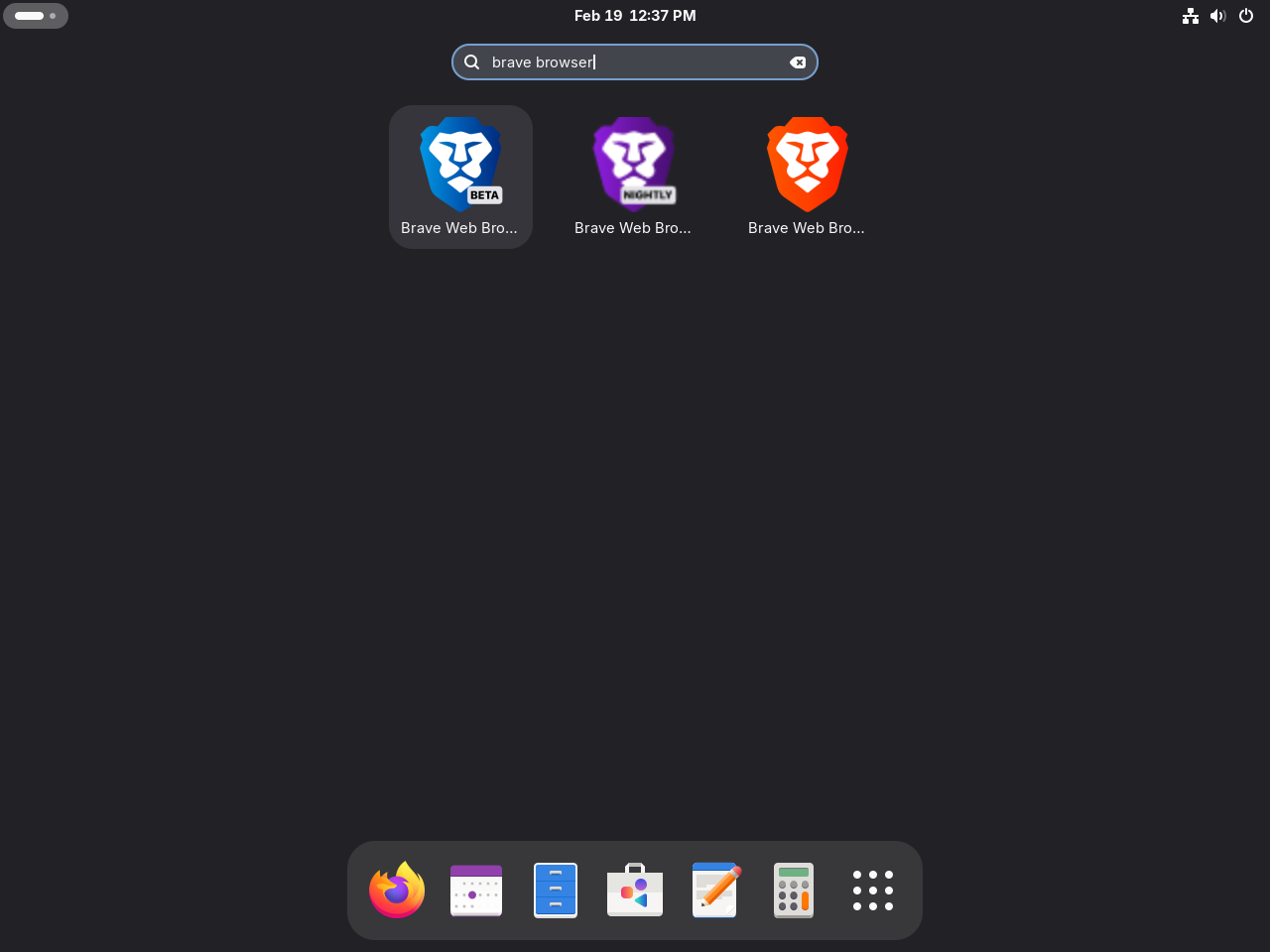 Brave Browser stable, beta, and nightly builds shown in Fedora application search results