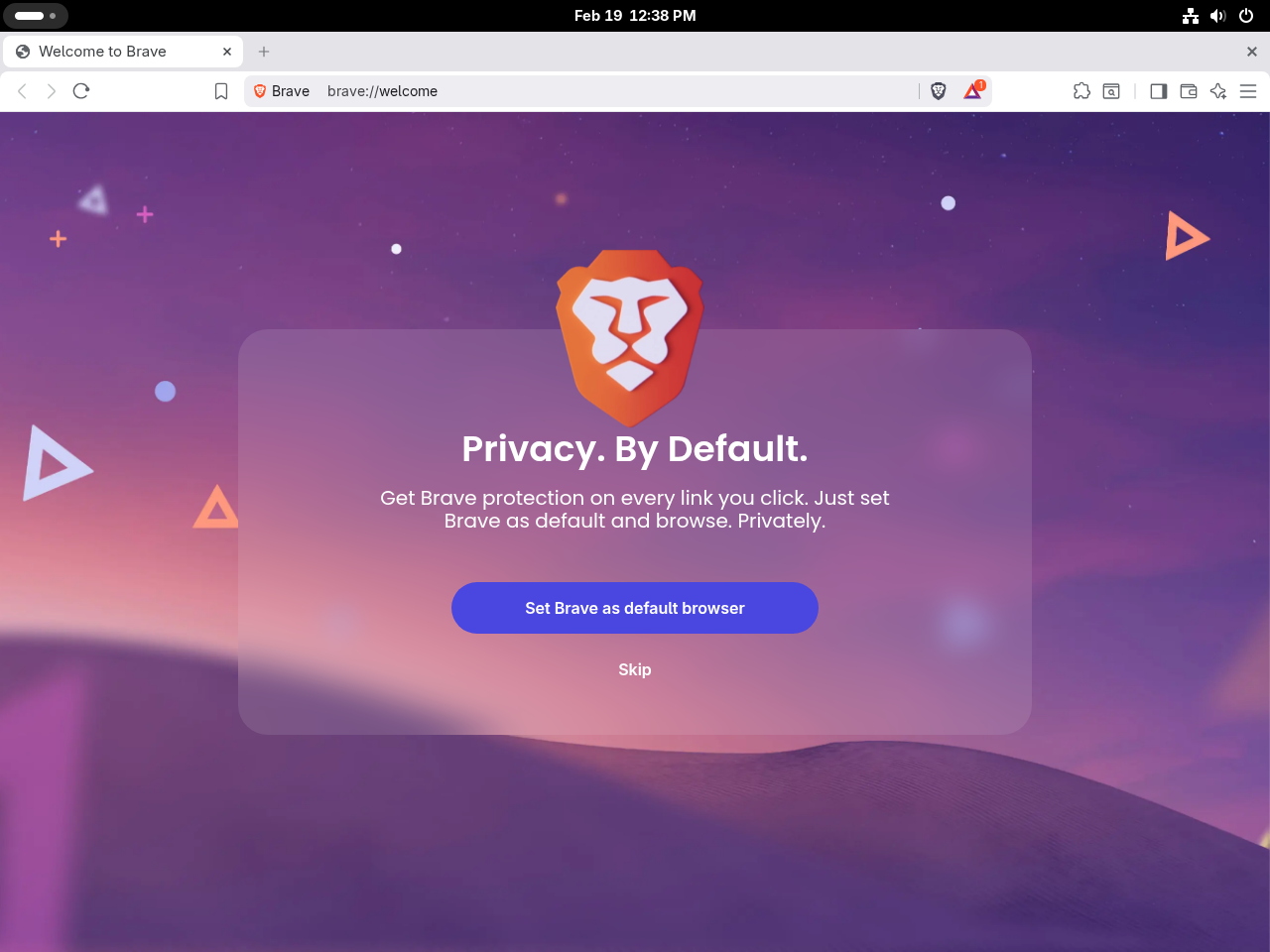 Brave Browser welcome screen with option to set Brave as the default browser on Fedora