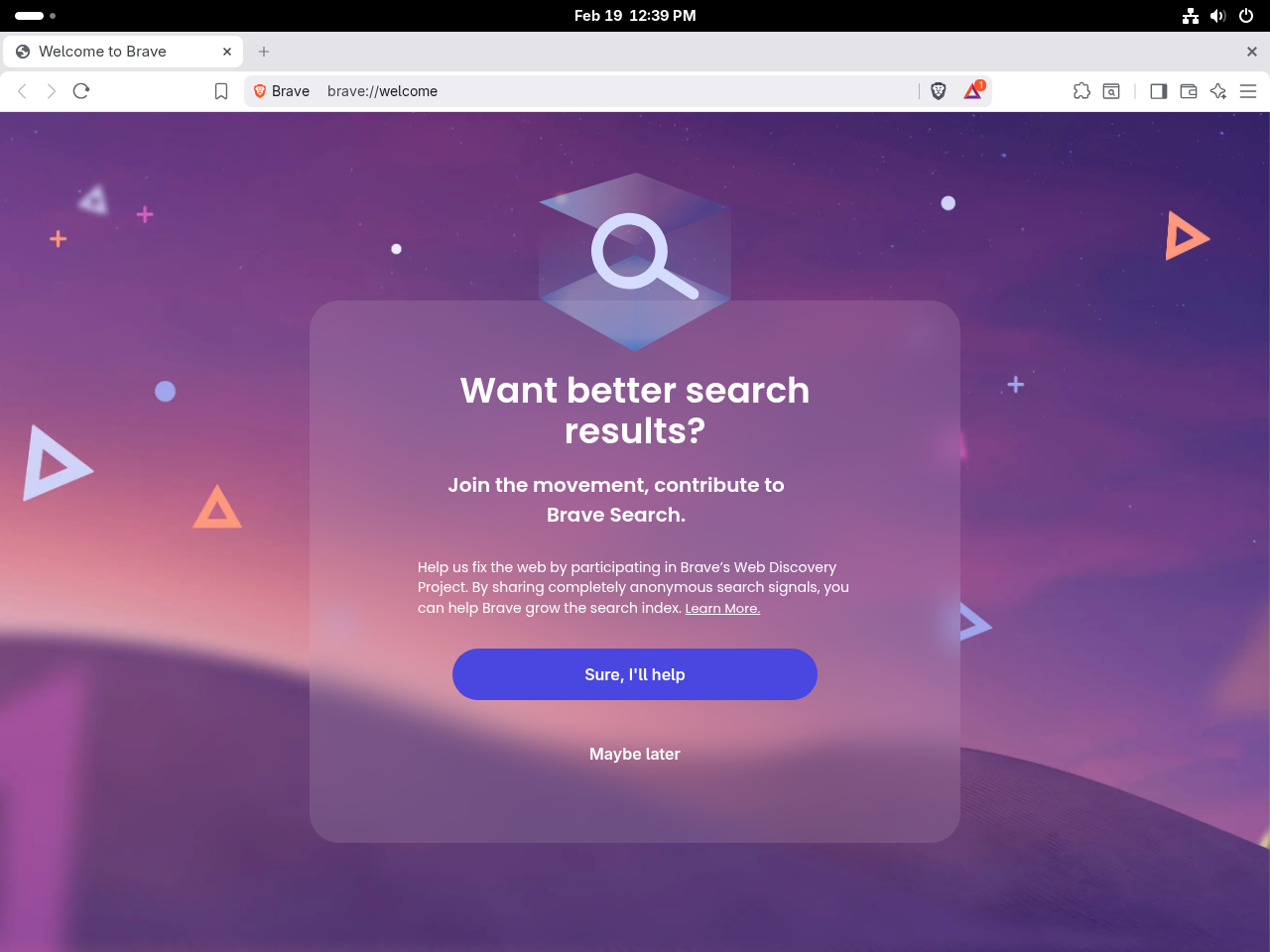 Brave Browser first launch screen prompting users to contribute to Brave Search