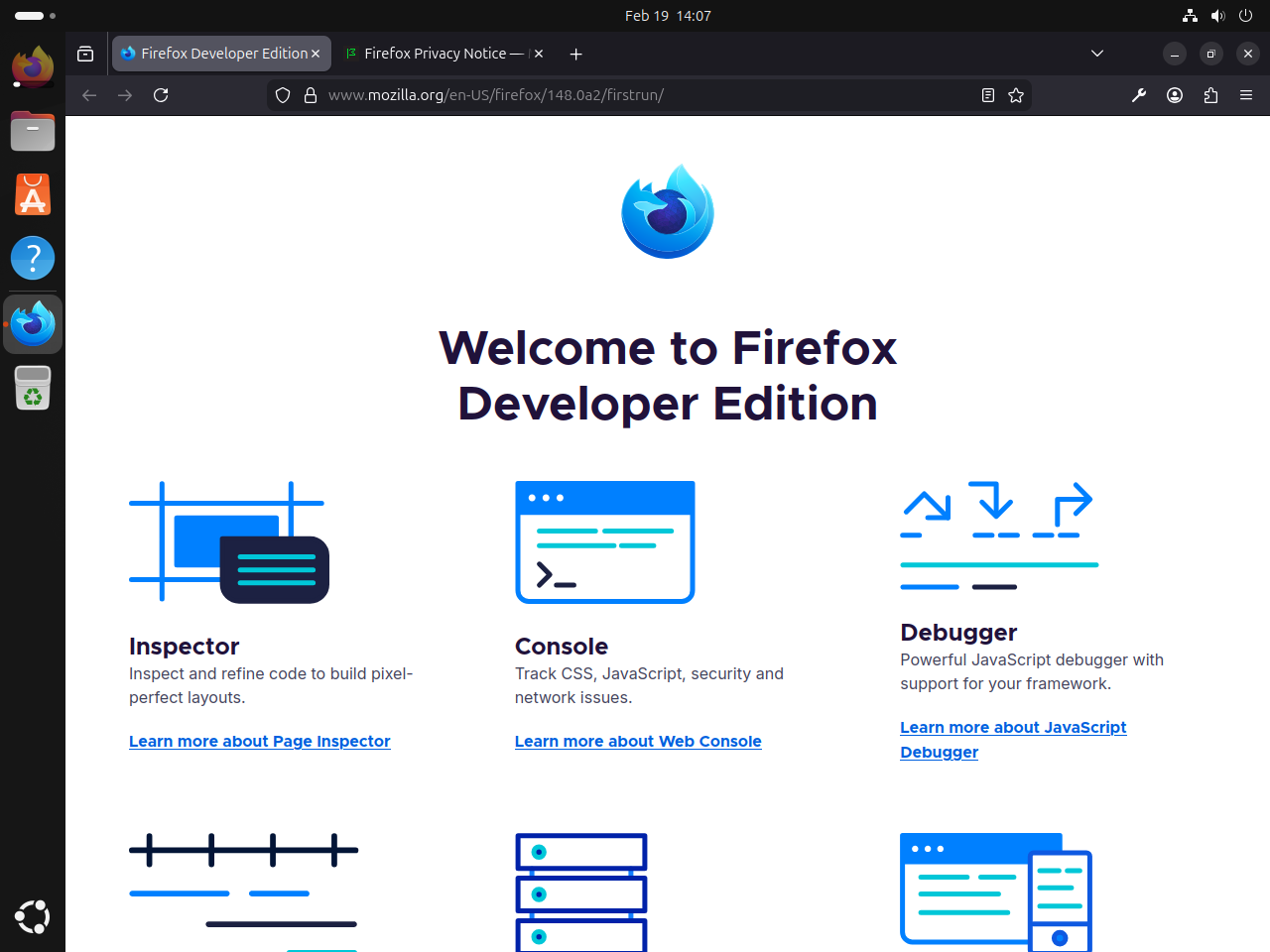 Firefox Developer Edition running on Ubuntu Linux with dark browser theme and developer tools visible