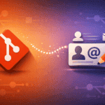 Git logo beside a user card and email icon representing Git username and email configuration