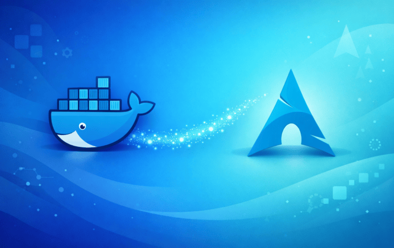 Docker logo and Arch Linux logo representing container deployment on Arch