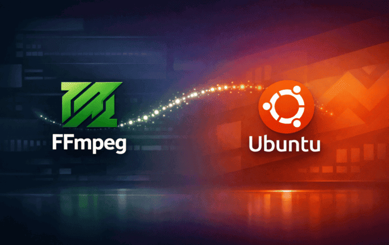 FFmpeg and Ubuntu logos with a glowing particle arc representing FFmpeg multimedia tools on Ubuntu Linux