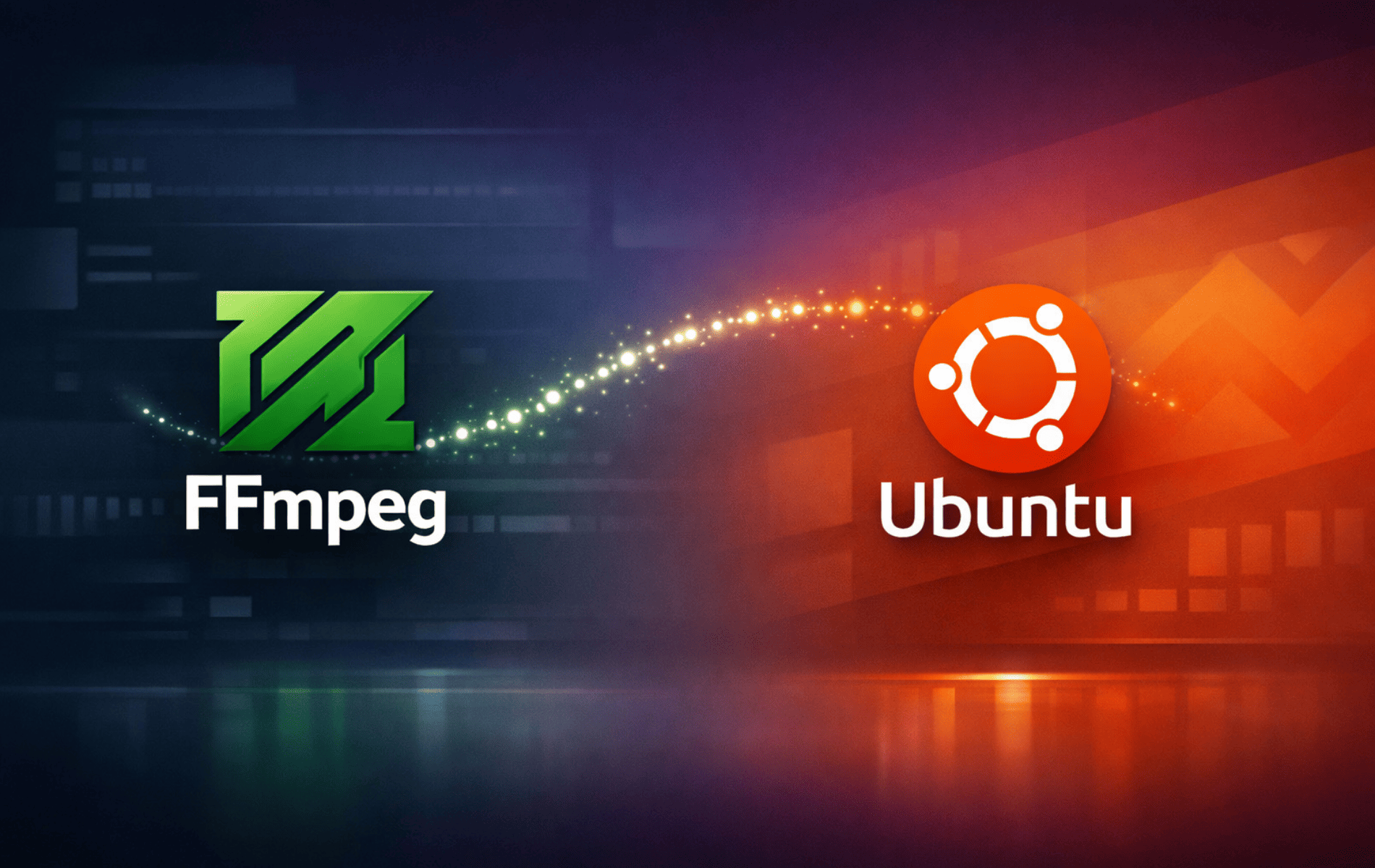 FFmpeg and Ubuntu logos with a glowing particle arc representing FFmpeg multimedia tools on Ubuntu Linux