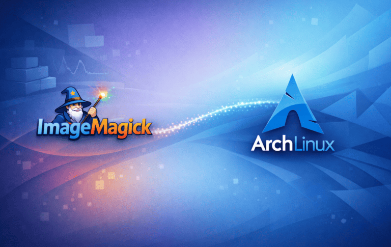 ImageMagick wizard mascot and Arch Linux logo representing command-line image processing setup