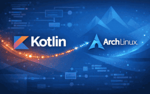 Kotlin and Arch Linux logos on a blue background representing Kotlin development setup on Arch